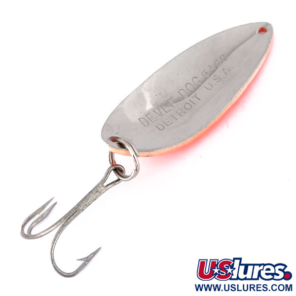  Eppinger Dardevle Devle Dog UV Glow, 2/3oz White / Orange / Nickel fishing spoon #10166