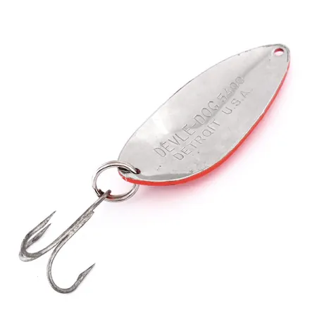 Vintage Eppinger Dardevle Devle Dog 5400, 1/2oz Fluorescent Red / Nickel / Red Glitter fishing spoon #10211