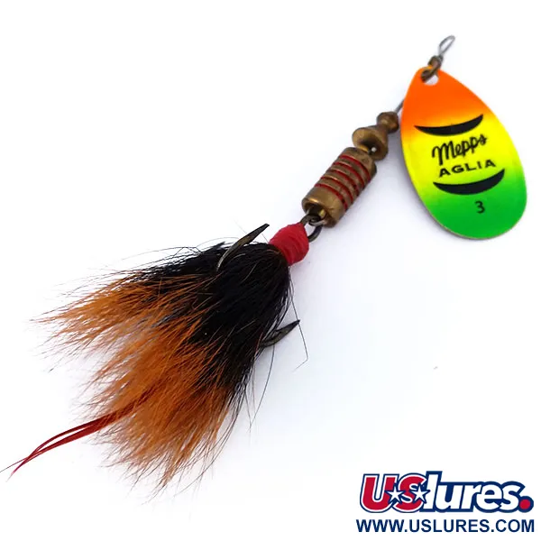 Vintage   Mepps Aglia 3 dressed (squirrel tail) Fluo UV, 1/4oz Fluo spinning lure #10431