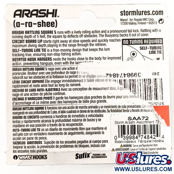 Storm Arashi Rattling Square 5, 2/3oz Black Chartreuse Shad fishing lure #11335