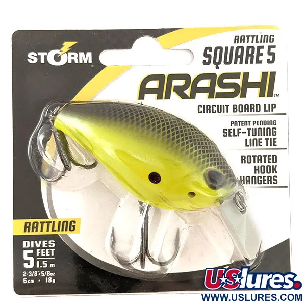 Storm Arashi Rattling Square 5, 2/3oz Black Chartreuse Shad fishing lure #11335