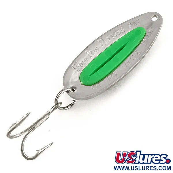 Vintage   Blue Fox Pixee UV, 1/2oz Hammered Nickel / Green fishing spoon #11445