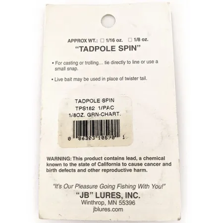 JB lures Tadpole spin UV, 1/8oz Chartreuse spinning lure #11453