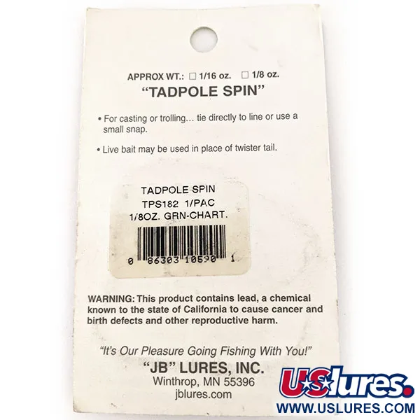 JB lures Tadpole spin UV, 1/8oz Chartreuse spinning lure #11453