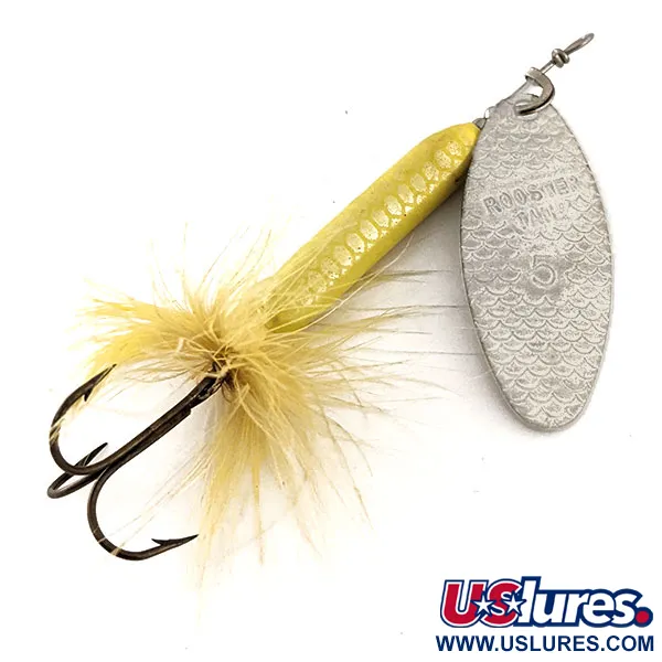 Vintage  Yakima Bait Worden’s Original Rooster Tail 5, 2/5oz Silver / Yellow spinning lure #11714