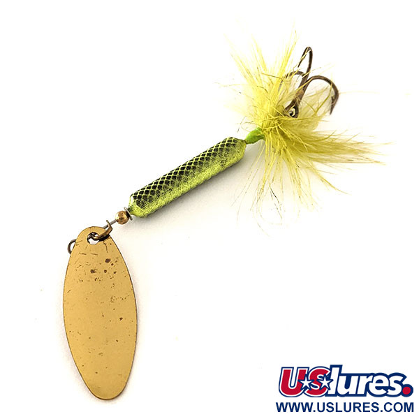 Vintage  Yakima Bait Worden’s Original Rooster Tail UV, 2/5oz Gold / Chartreuse spinning lure #11790