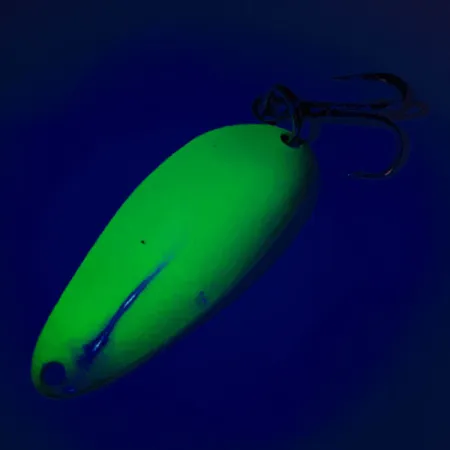 Vintage Seneca Little Cleo (Hula Girl) trolling spoon UV, 1/8oz Yellow / Green / Nickel fishing spoon #12087