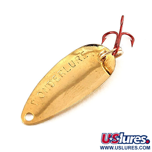 Vintage  Acme Wonderlure, 1/32oz Hammered Gold / Red Treble Hook fishing spoon #12372