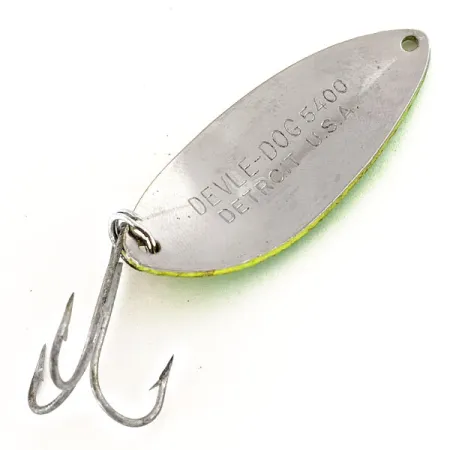 Vintage Eppinger Dardevle Devle Dog 5400 UV, 1/2oz Yellow / Green / Nickel fishing spoon #12409