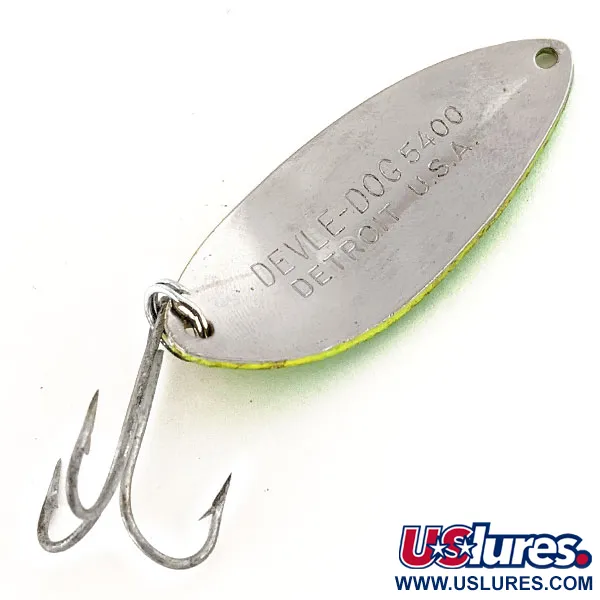 Vintage  Eppinger Dardevle Devle Dog 5400 UV, 1/2oz Yellow / Green / Nickel fishing spoon #12409