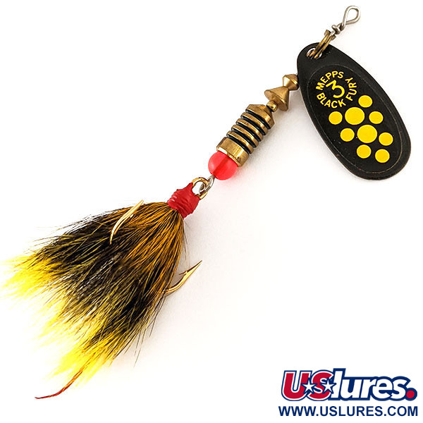 Vintage   Mepps Black Fury 3 Dressed (squirrel tail), 1/4oz Black / Yellow spinning lure #12503