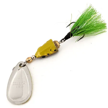 Vintage Blue Fox Vibrax Shallow, 1/4oz Rainbow Yellow / Green spinning lure #12555
