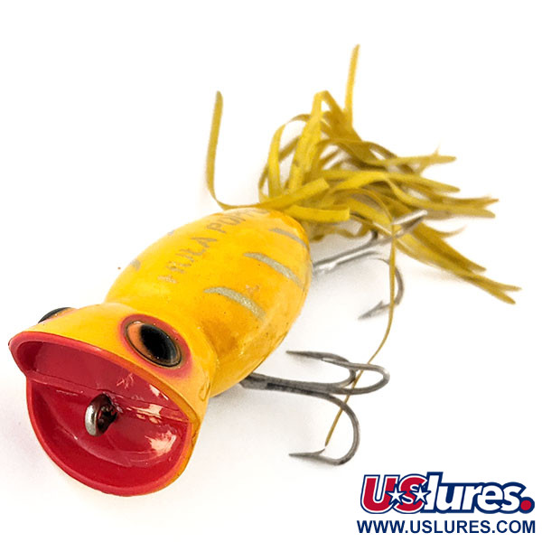 Vintage Fred Arbogast Hula Popper, 3/5oz Yellow / Red fishing lure