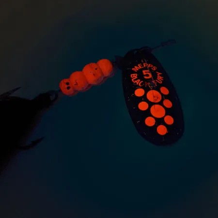 Vintage Mepps Aglia 5 Dressed UV, 1/2oz Black / Red UV Glow in UV light, Fluorescent spinning lure #12696
