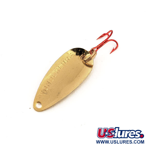 Vintage  Acme Wonderlure , 1/32oz Hammered Gold / Red Treble Hook fishing spoon #12962