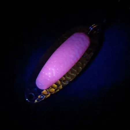 Vintage Blue Fox Pixee UV, 1/2oz Pink / Hammered Nickel fishing spoon #13471