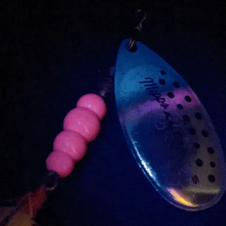 Vintage Mepps Aglia 5 Dressed (bucktail) UV, 1/2oz Silver / Rainbow Trout spinning lure #13519