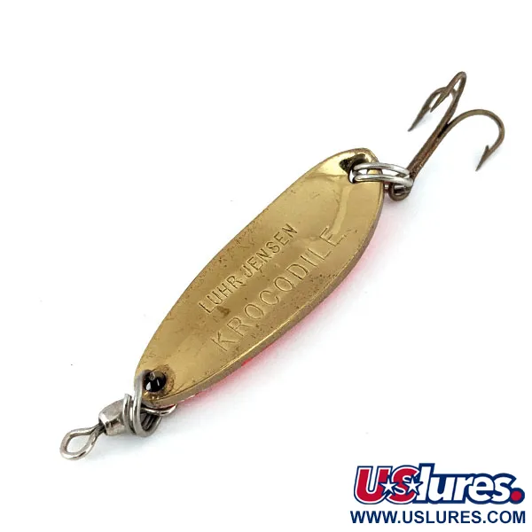 Vintage Luhr Jensen Krocodile UV, 1/3oz White / Red / Brass fishing spoon #13817