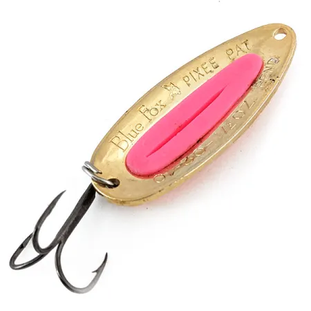 Vintage Blue Fox Pixee UV , 1/2oz Hammered Gold / Pink UV Glow in UV light, Fluorescent fishing spoon #16119
