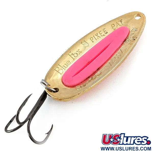 Vintage   Blue Fox Pixee UV, 1/2oz Hammered Gold / Pink UV Glow in UV light, Fluorescent fishing spoon #13833