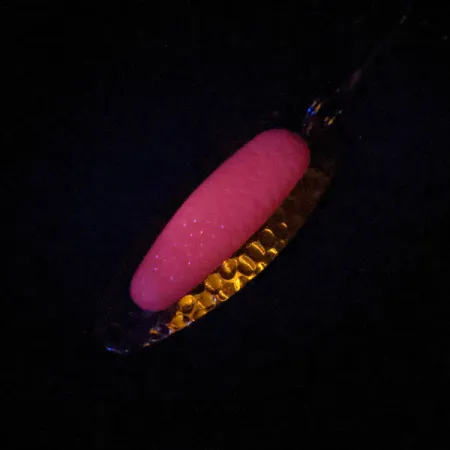 Vintage Blue Fox Pixee UV , 1/2oz Hammered Gold / Pink UV Glow in UV light, Fluorescent fishing spoon #16119