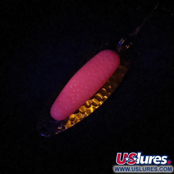 Vintage   Blue Fox Pixee UV , 1/2oz Hammered Gold / Pink UV Glow in UV light, Fluorescent fishing spoon #16119