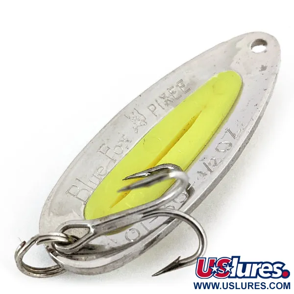 Vintage Blue Fox Pixee UV, 1/2oz Hammered Nickel / Yellow fishing spoon #14555