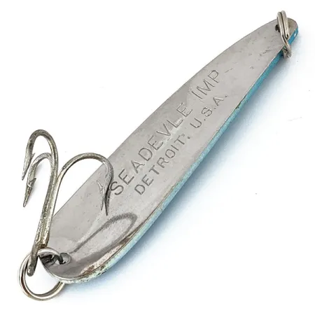 Vintage Eppinger ​Dardevle Seadevle Imp UV, 1oz White / Blue / Nickel UV Glow in UV light, Fluorescent fishing spoon #14684