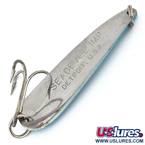 Vintage  Eppinger ​Dardevle Seadevle Imp UV, 1oz White / Blue / Nickel UV Glow in UV light, Fluorescent fishing spoon #14684