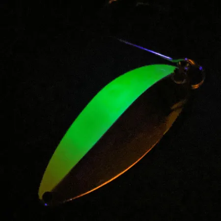 Vintage Seneca Little Cleo (Hula Girl) trolling spoon UV, 1/4oz Nickel / Green fishing spoon #14832