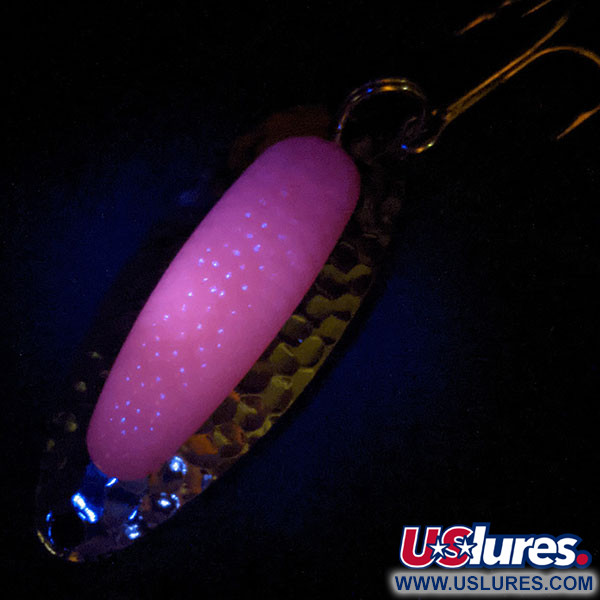 Vintage   Blue Fox Pixee UV, 1/2oz Hammered Nickel / Pink UV Glow in UV light, Fluorescent fishing spoon #14872