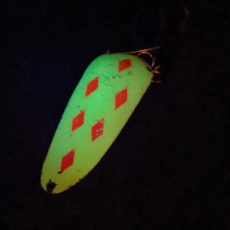 Vintage Lucky Strike Warden Worry (with sonic blades)​, 3/5oz Yellow / Red / Nickel UV Glow in UV light, Fluorescent fishing spoon #14878