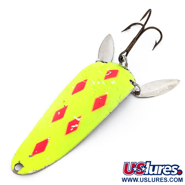 Vintage   Lucky Strike Warden Worry (with sonic blades)​, 3/5oz Yellow / Red / Nickel UV Glow in UV light, Fluorescent fishing spoon #14878