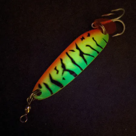 Vintage Luhr Jensen Krocodile #3 UV, 1/2oz Fire Tiger / Brass fishing spoon #15184