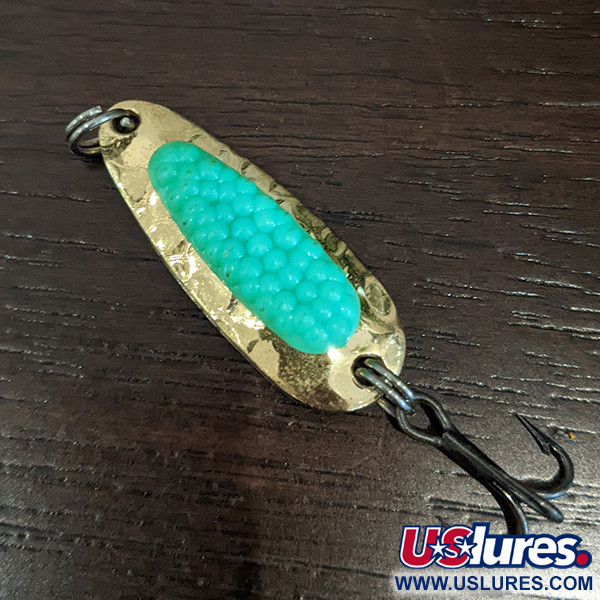 Vintage ​Blue Fox Pixee UV, 1/8oz Gold / Green fishing spoon #16256