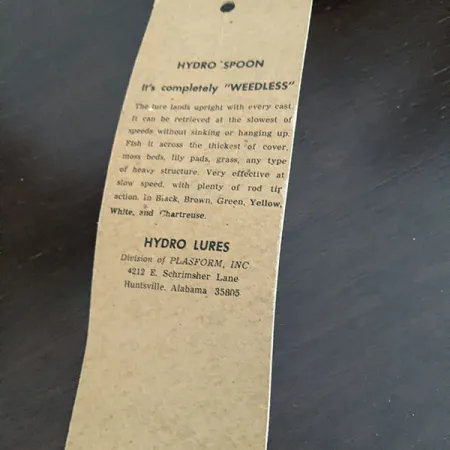 Vintage Hydro Lures Weedless Hydro Spoon, 1/2oz fishing spoon #16325