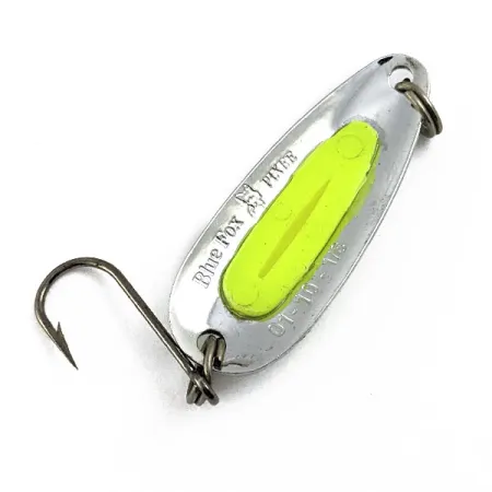 Vintage ​Blue Fox Pixee UV, 1/8oz Nickel/yellow fishing spoon #16665