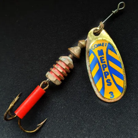 Vintage Mepps Comet 3, 1/4oz Yellow/blue/brass spinning lure #17083