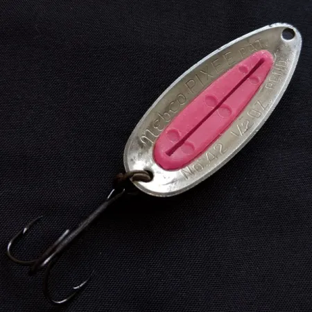 Vintage Nebco Pixee, 1/2oz nickel/pink fishing spoon #18104