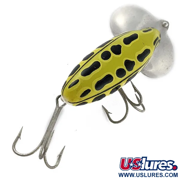 Vintage   Fred Arbogast Seein's Believin' yellow leopard  frog (1970s), 1/2oz yellow leopard  frog fishing lure #18317