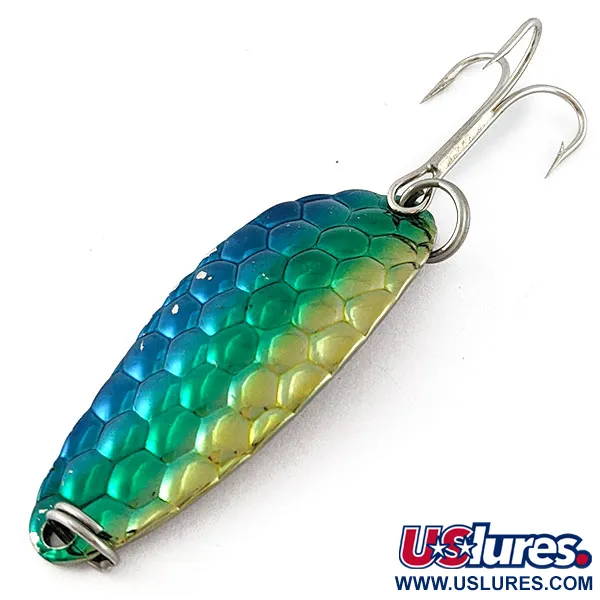 Vintage Acme Little Cleo bubbles, 1/3oz nickel/blue/green/gold fishing spoon #18770