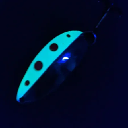 Vintage Acme Little Cleo (Hula Girl), 1/2oz nickel/yellow/red UV fishing spoon #18805