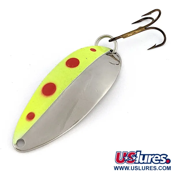 Vintage Acme Little Cleo (Hula Girl), 1/2oz nickel/yellow/red UV fishing spoon #18805