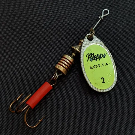 Vintage Mepps Aglia 2, 3/16oz silver/chartreuse spinning lure #18871