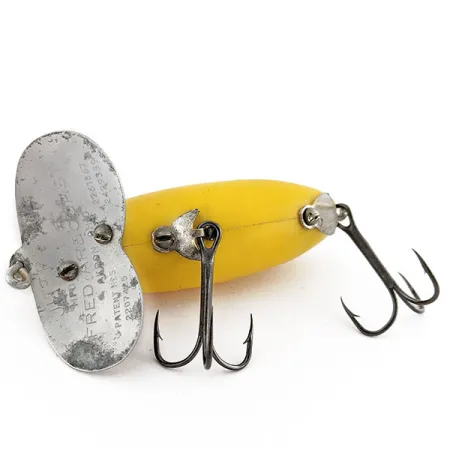 Vintage Fred Arbogast Jitterbug, 1/2oz yellow fishing lure #18891