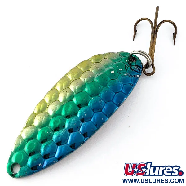 Vintage Acme Little Cleo bubbles, 2/5oz gold/green/blue/nickel fishing spoon #19083