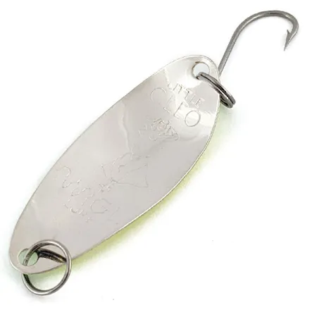 Vintage Seneca Flutter Cleo (Hula Girl), 1/8oz nickel/yellow/green UV fishing spoon #19091