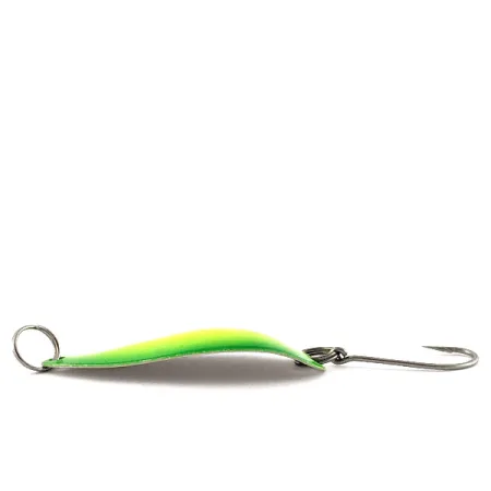 Vintage Seneca Flutter Cleo (Hula Girl), 1/8oz nickel/yellow/green UV fishing spoon #19091