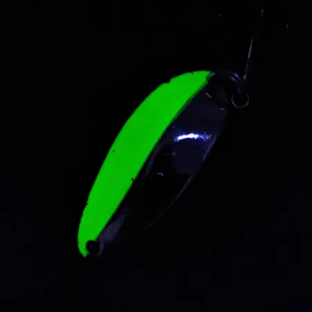 Vintage Seneca Little Cleo (Hula Girl) UV, 1/3oz nickel/blue fishing spoon #19209