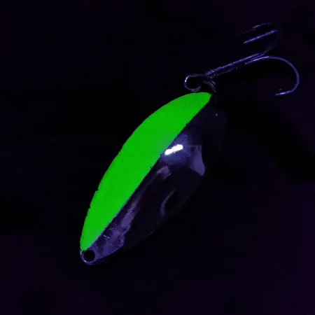 Vintage Seneca Little Cleo (Hula Girl) UV, 3/4oz nickel/green UV fishing spoon #19386